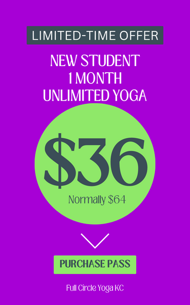 purple banner with white, gray, and green details about a $36 offer for an unlimited monthly pass for new yoga students
