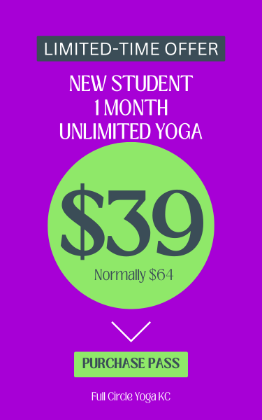 purple banner with white, gray, and green details about a $39 offer for an unlimited monthly pass for new yoga students