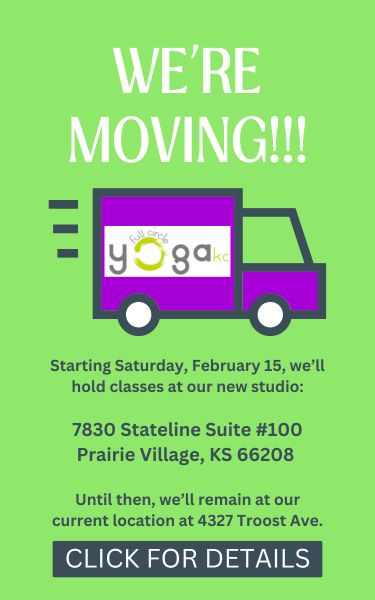 purple moving van on bright green background with "We're moving!" announcement for Full Circle Yoga Studio in Kansas City