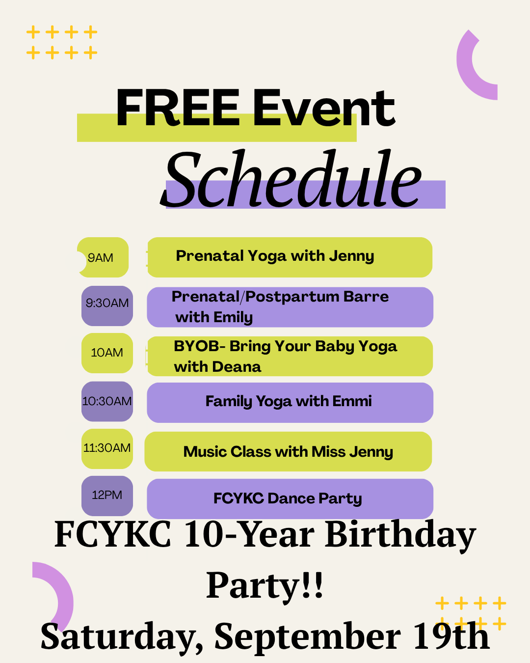 Free event schedule for Full Circle Yoga's Ten Year Anniversary at Harmon Park in Prairie Village, KS.
